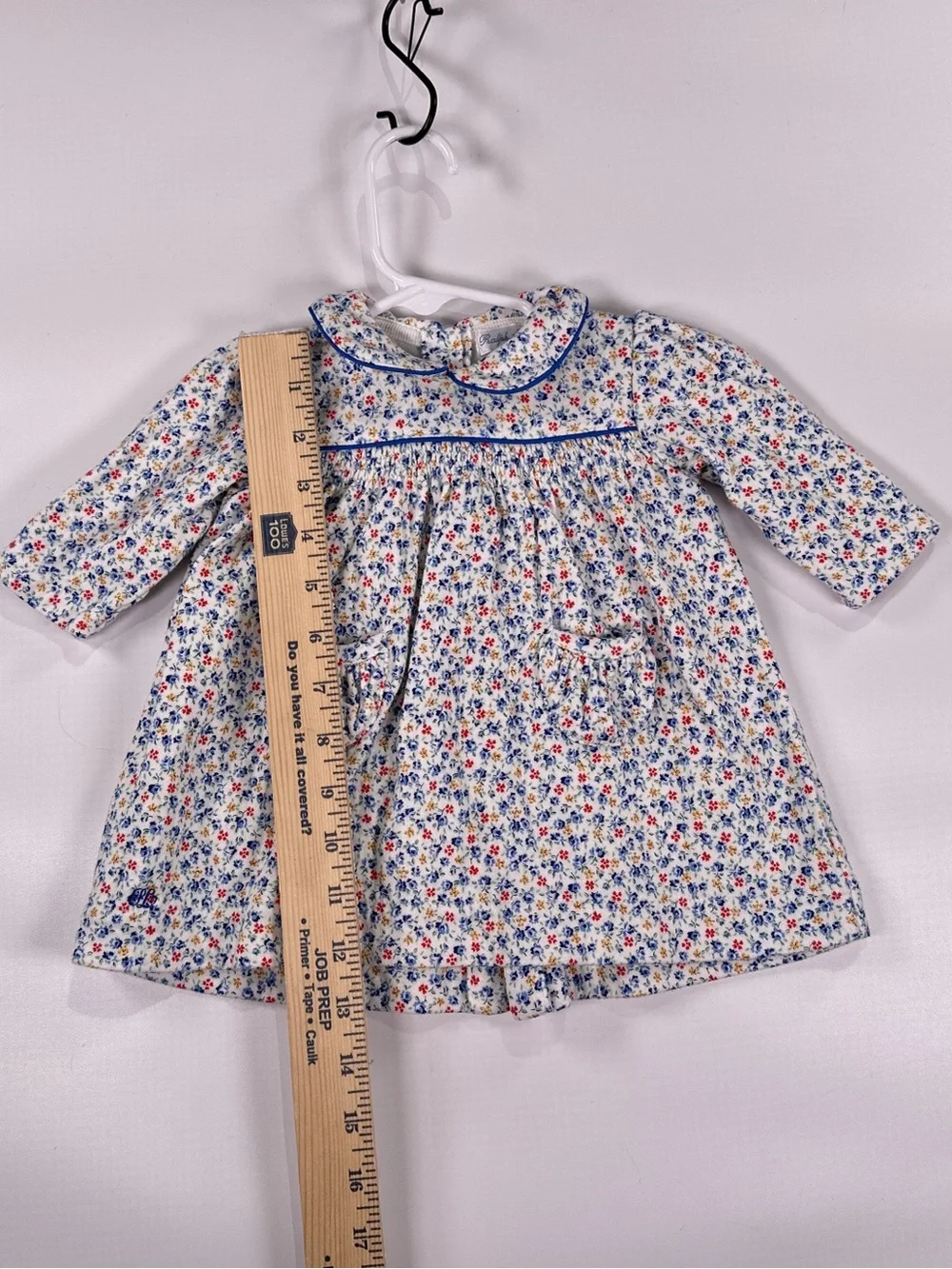 Ralph Lauren Baby Dress Smocked Peter Pan Collar Floral White Blue 6M
